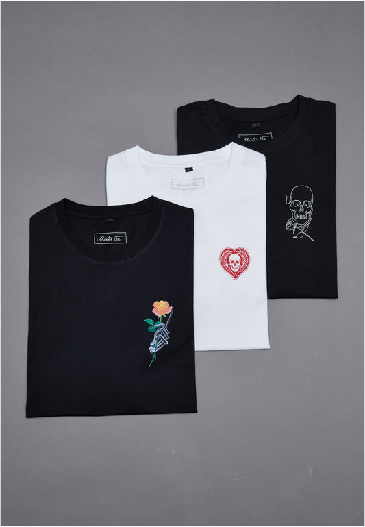 Mister Tee, 3x T-Shirt, Skull Set Tee, schwarz, white